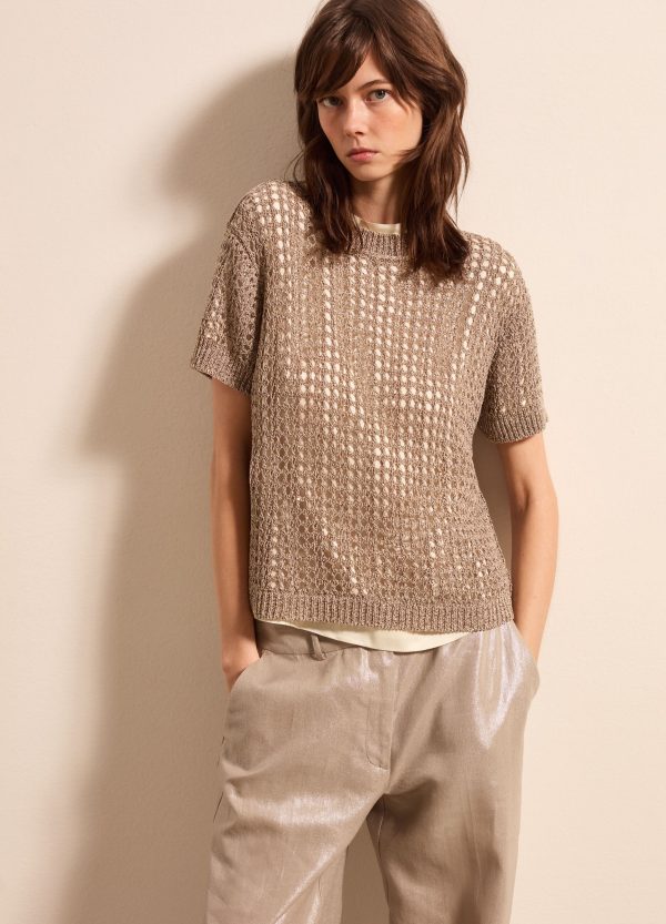 Maglia a maniche corte traforata con micro paillettes