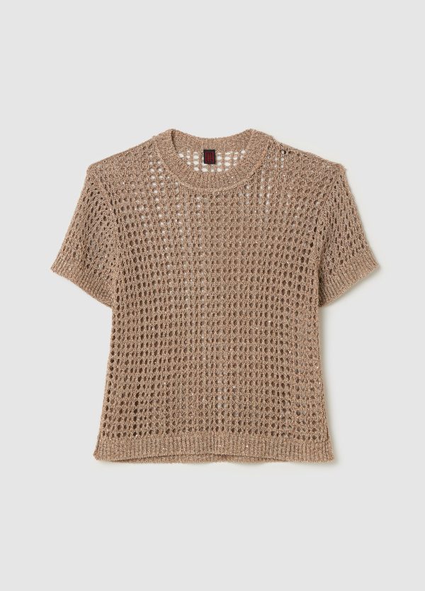 Maglia a maniche corte traforata con micro paillettes - Image 5